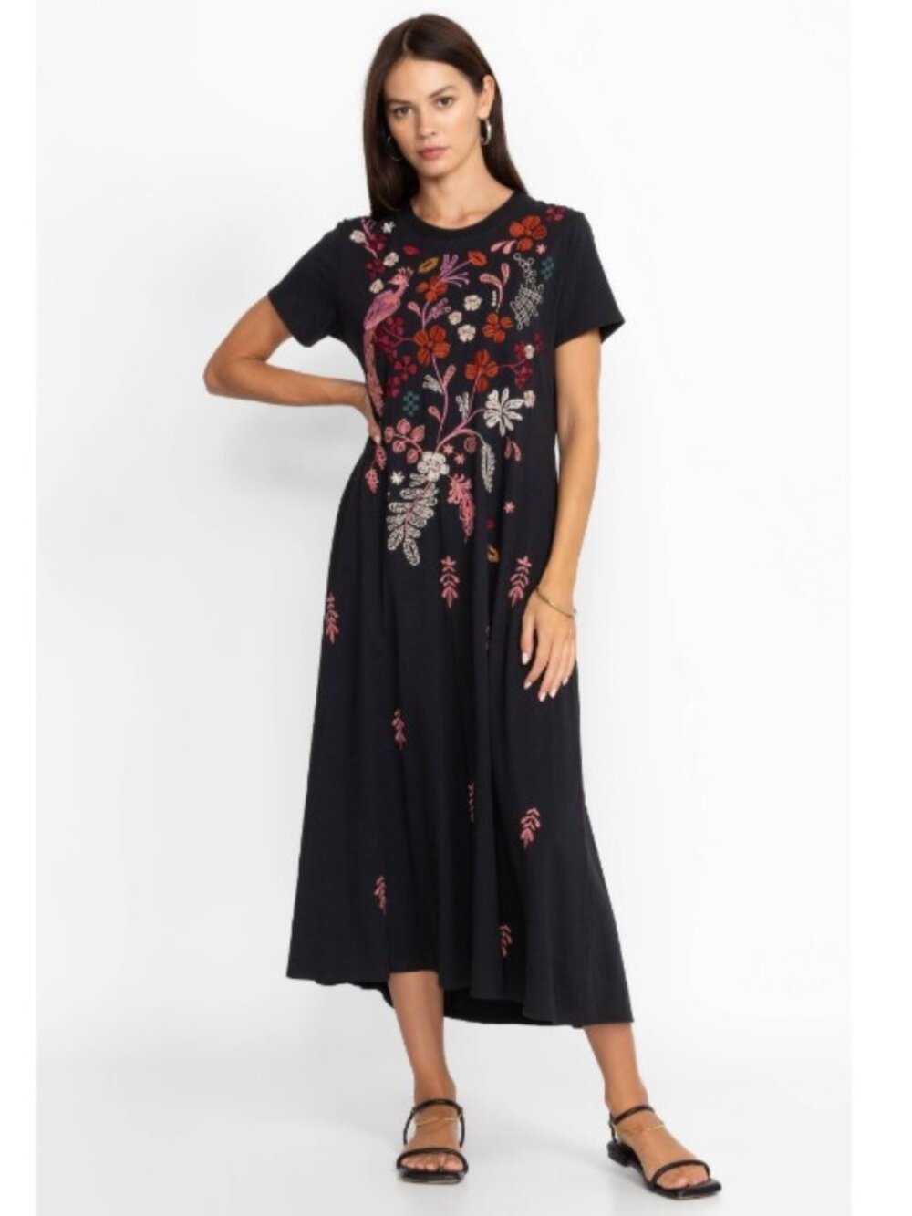 Johnny Was Black and Pink Embroidered ZuZu Midi Dress NWT Size XS